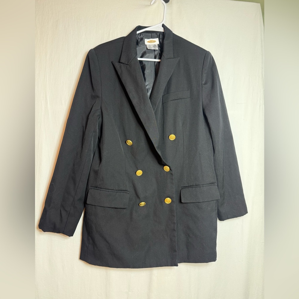 Talbots Black Double Breasted Blazer Gold Crest Buttons Wool Blend Classic 14